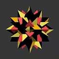 Cartoon Scene With Yellow Red Triangles And Glossy Polyhedron Sphere On Dark Background