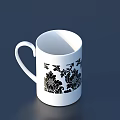 White Ceramic Mug With Black Floral Decorative Pattern And Smooth Surface 3d model