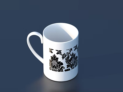 White Ceramic Mug With Black Floral Decorative Pattern And Smooth Surface 3d model