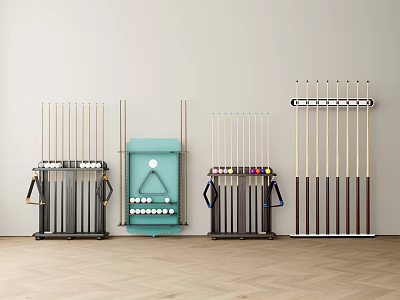 Billiard Sports Equipment Featuring Multiple Cue Racks Neatly Arranged Pool Cues and Storage Cabinet 3d model