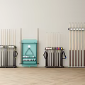 Billiard Sports Equipment Featuring Multiple Cue Racks Neatly Arranged Pool Cues and Storage Cabinet