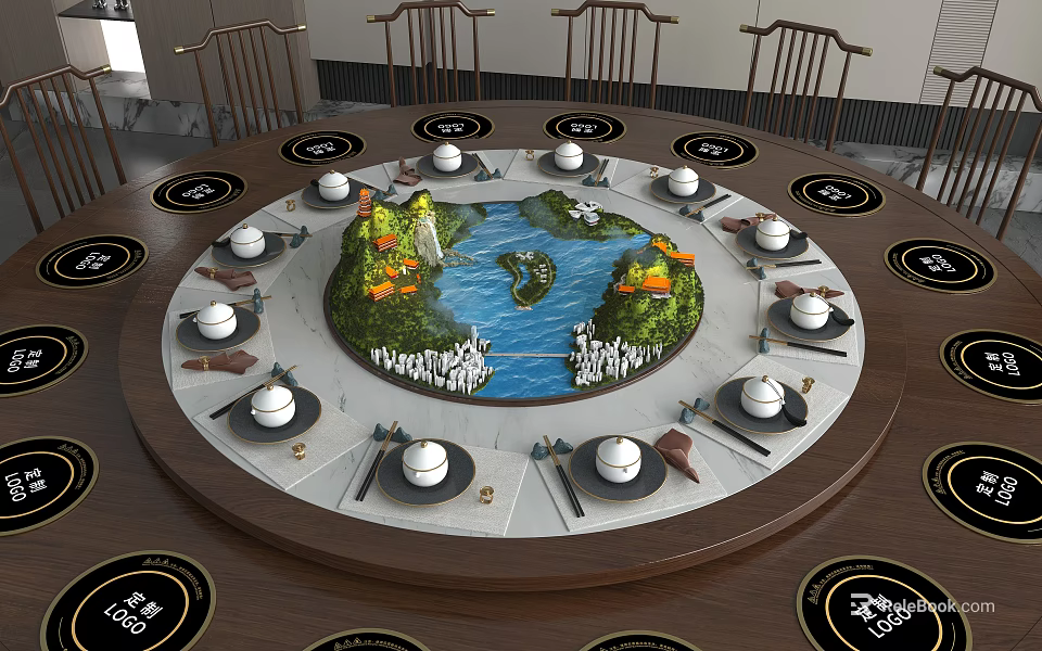 Round Dining Table Set With Turntable Center Landscape Decoration Surrounded By Tableware And Tea Cups 3d model