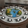 Round Dining Table Set With Turntable Center Landscape Decoration Surrounded By Tableware And Tea Cups 3d model