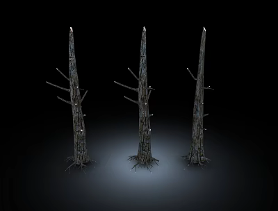 Three Leafless Tree Trunks With Small Lights Against Dark Background 3d model