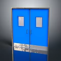 Blue Double Entry Door With Small Windows Metal Frame And Silver Kick Plate