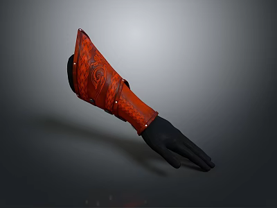 Red Ornate Weapon Vambrace With Intricate Patterns And Black Combat Glove 3d model