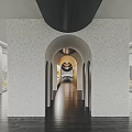 Modern Reception Desk Design With Curved Wall Terrazzo Countertop And Chandelier Lighting