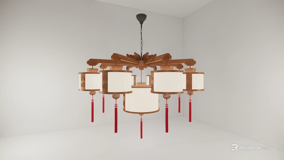 Traditional Chinese Wooden Chandelier With White Lampshades And Red Tassels Design 3d model 