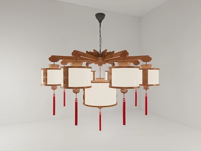Traditional Chinese Wooden Chandelier With White Lampshades And Red Tassels Design 3d model