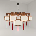 Traditional Chinese Wooden Chandelier With White Lampshades And Red Tassels Design