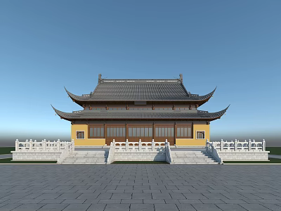 Traditional Chinese Ancient Architecture With Yellow Walls Black Roof Overhanging Eaves And White Railings 3d model