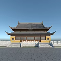 Traditional Chinese Ancient Architecture With Yellow Walls Black Roof Overhanging Eaves And White Railings