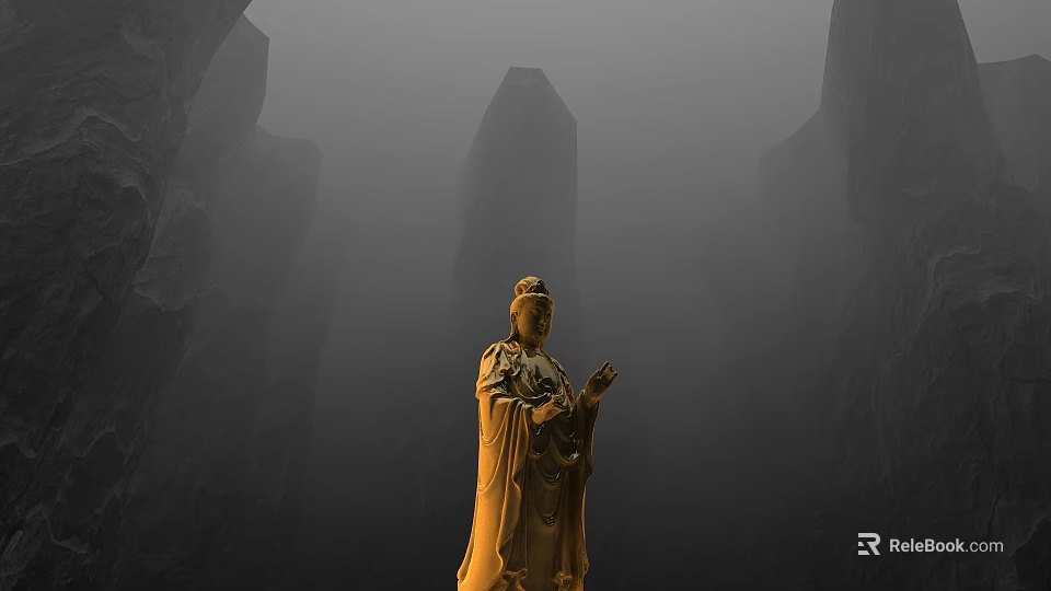 Golden Buddha Statue Standing Among Tall Rocky Peaks In Misty Surroundings 3d model 