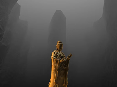 Golden Buddha Statue Standing Among Tall Rocky Peaks In Misty Surroundings 3d model