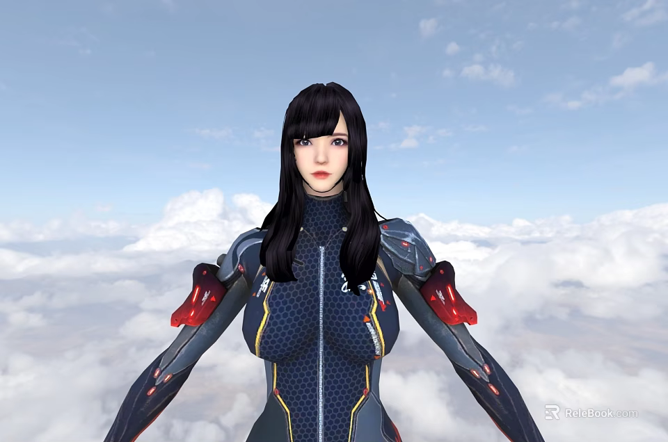 Woman With Long Black Hair In Fitted Futuristic Outfit Against Clouds And Blue Sky 3d model 