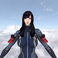 Woman With Long Black Hair In Fitted Futuristic Outfit Against Clouds And Blue Sky
