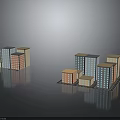 Colorful Urban Building Models With Blue Orange Beige Facades And Different Heights On Reflective Surface