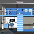 Blue Kids Room Interior With Bunk Bed Ladder Desk Chair And Wall Decorations