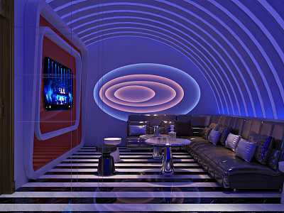 Modern KTV Room Interior Design With Blue Lighting Curved Walls Sofa Coffee Table And TV 3d model