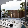 Modern Courtyard Garden Landscape With Wooden Slat Fence Pine Tree And Stone Path