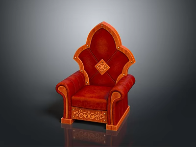 Red Leather Chair With Wooden Frame And Ornate Carvings Diamond Pattern Backrest 3d model