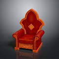 Red Leather Chair With Wooden Frame And Ornate Carvings Diamond Pattern Backrest