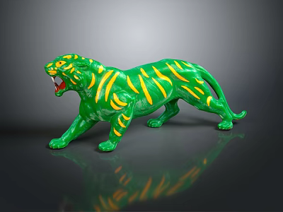 Green Roaring Tiger Figurine With Yellow Stripes On Black Reflective Surface 3d model