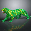 Green Roaring Tiger Figurine With Yellow Stripes On Black Reflective Surface