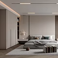 Modern Minimalist Bedroom Interior With Light Colored Wardrobe Wooden Floor And Linear Ceiling Lights