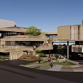 Modern Commercial Street With Multi Level Buildings Open Space Green Trees Storefronts And Pedestrians