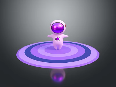 3D Game Movie Character With White Body Purple Helmet Standing On Purple Blue Concentric Circle Platform 3d model