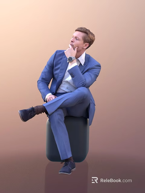 Thoughtful Man Sitting In Blue Suit With White Shirt Watch And Crossed Legs Posture 3d model 