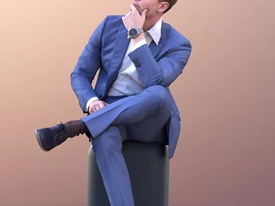 Thoughtful Man Sitting In Blue Suit With White Shirt Watch And Crossed Legs Posture 3d model