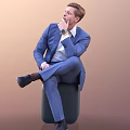 Thoughtful Man Sitting In Blue Suit With White Shirt Watch And Crossed Legs Posture