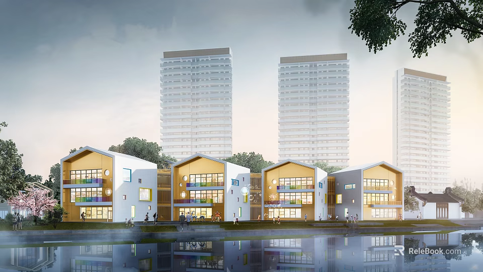 Modern Yellow And White School Buildings With Waterfront Colorful Glass Windows And Trees 3d model 
