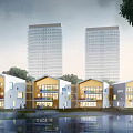Modern Yellow And White School Buildings With Waterfront Colorful Glass Windows And Trees