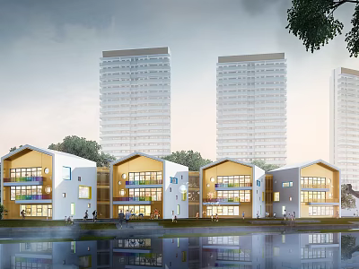 Modern Yellow And White School Buildings With Waterfront Colorful Glass Windows And Trees 3d model