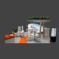 Modern Orange White Exhibition Booth With Tables Chairs Digital Display And Green Plants