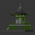 Traditional Asian Pavilion Architecture With Black Roof Green Pillars And White Railings