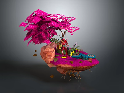 Commercial Equipment Display On Floating Island With Pink Tree And Rocks 3d model