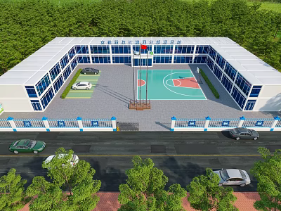 Modern Industrial Factory Building With Blue Windows Green Vegetation Parking Lot And Basketball Court 3d model