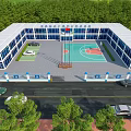 Modern Industrial Factory Building With Blue Windows Green Vegetation Parking Lot And Basketball Court