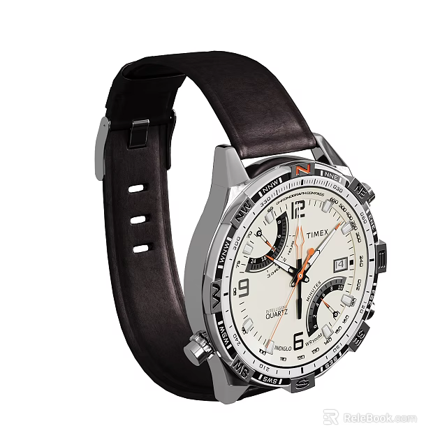 Classic Men's Watch With Brown Leather Strap Stainless Steel Case White Dial And Sub Dials 3d model 