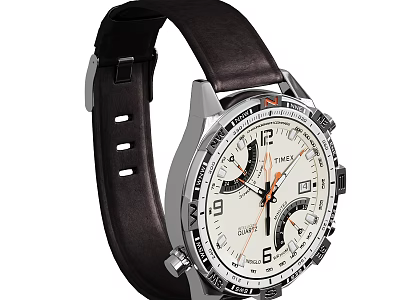 Classic Men's Watch With Brown Leather Strap Stainless Steel Case White Dial And Sub Dials 3d model