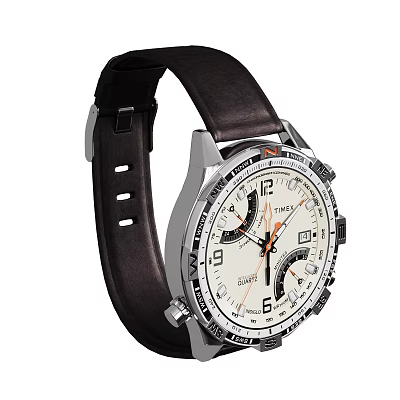 Classic Men's Watch With Brown Leather Strap Stainless Steel Case White Dial And Sub Dials 3d model