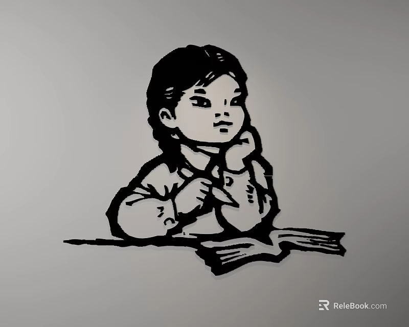 Artistic Wall Decor Depicting Child Sitting at Desk Reading a Book Design 3d model 