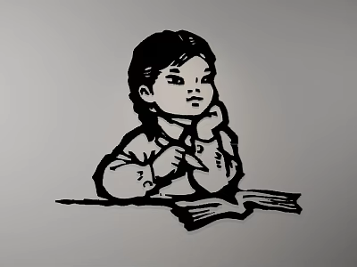 Artistic Wall Decor Depicting Child Sitting at Desk Reading a Book Design 3d model