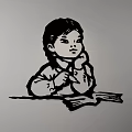 Artistic Wall Decor Depicting Child Sitting at Desk Reading a Book Design