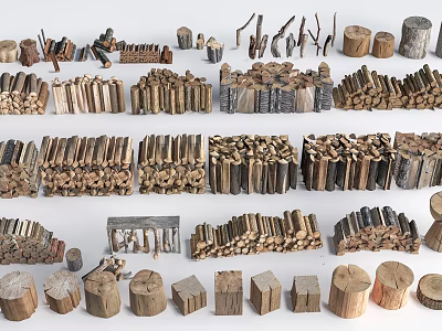 Courtyard Garden Display With Stacked Wood Piles And Various Wooden Log Arrangements 3d model