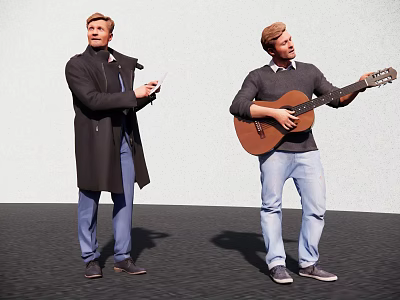 Two Men Singing and Playing Acoustic Guitar with Microphone on Stage 3d model